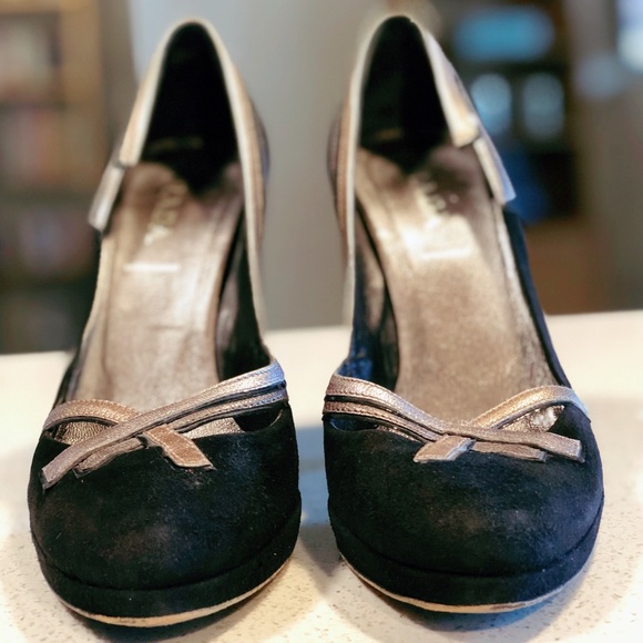 Prada Black Suede DECO Leather Trim Heels 37.5 7 - Picture 3 of 8